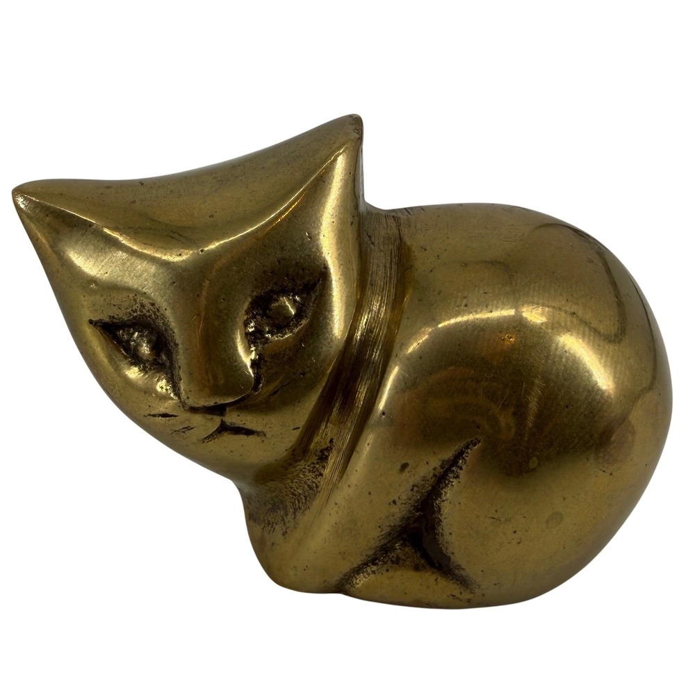 Vintage Solid Brass Cat Figurine Mid Century Modern Stylized Paperweight Decor